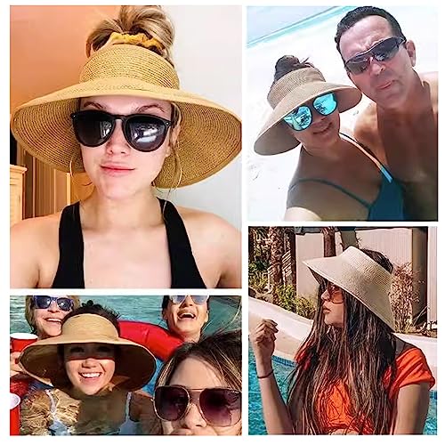 Sun Hat Womens, Summer Beach Visor Hats,Straw Hats Roll-Up Wide Brim Ponytail Hats UV UP Packable Foldable for Traval, Khaki