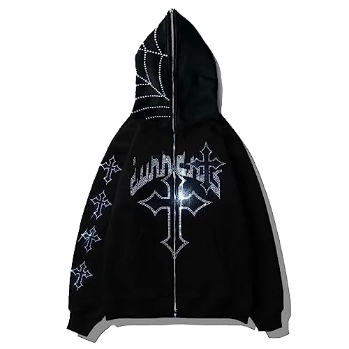 NaranjaBurbuja Y2K Rhinestone Full Zip Up Hoodie Women Man Goth Graphic Oversized Punk Jackets Grunge Sweatshirt Coat Halloween Clothes Harajuku Streetwear (E-Black Cross, M)