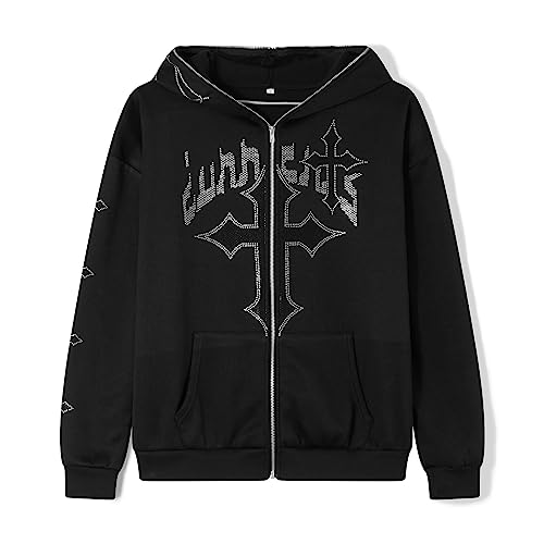 NaranjaBurbuja Y2K Rhinestone Full Zip Up Hoodie Women Man Goth Graphic Oversized Punk Jackets Grunge Sweatshirt Coat Halloween Clothes Harajuku Streetwear (E-Black Cross, M)