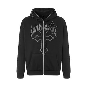 NaranjaBurbuja Y2K Rhinestone Full Zip Up Hoodie Women Man Goth Graphic Oversized Punk Jackets Grunge Sweatshirt Coat Halloween Clothes Harajuku Streetwear (E-Black Cross, M)