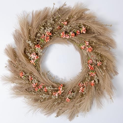 Perfnique Pampas Grass Wreath, 27'' Fall Wreath for Front Door, Pampas Wreath for All Seasons, Boho Wall Decor, Farmhouse Rustic Floral Wreath, DIY Wreath Arrangement(Taupe, Flowers)