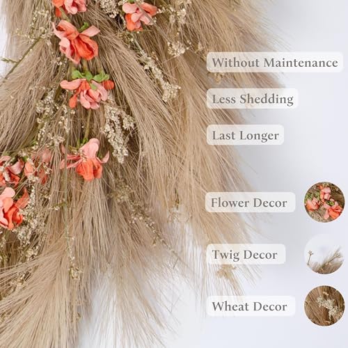 Perfnique Pampas Grass Wreath, 27'' Fall Wreath for Front Door, Pampas Wreath for All Seasons, Boho Wall Decor, Farmhouse Rustic Floral Wreath, DIY Wreath Arrangement(Taupe, Flowers)