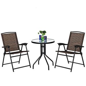 tkfdc 3pc bistro patio garden furniture set 2 folding chairs glass table top steel round table