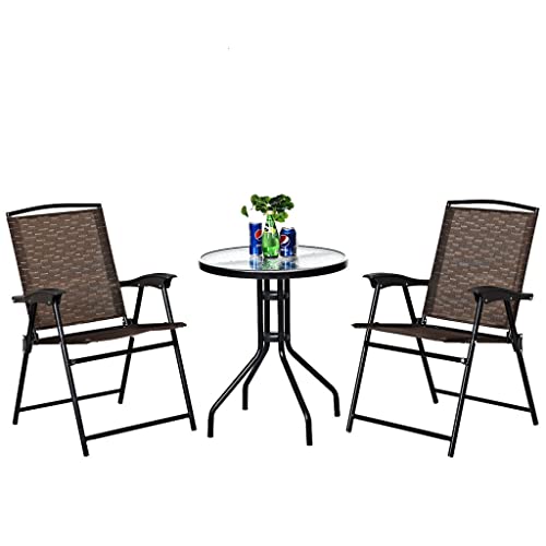 TKFDC 3PC Bistro Patio Garden Furniture Set 2 Folding Chairs Glass Table Top Steel Round Table