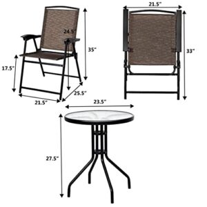 TKFDC 3PC Bistro Patio Garden Furniture Set 2 Folding Chairs Glass Table Top Steel Round Table