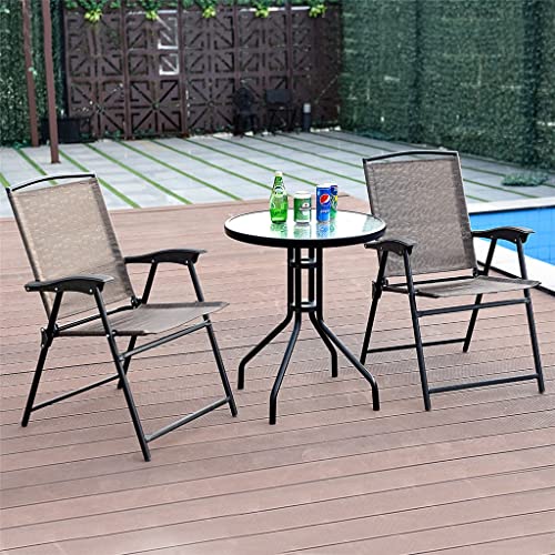 TKFDC 3PC Bistro Patio Garden Furniture Set 2 Folding Chairs Glass Table Top Steel Round Table