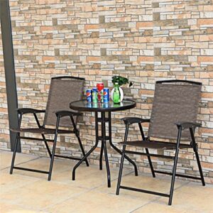 TKFDC 3PC Bistro Patio Garden Furniture Set 2 Folding Chairs Glass Table Top Steel Round Table