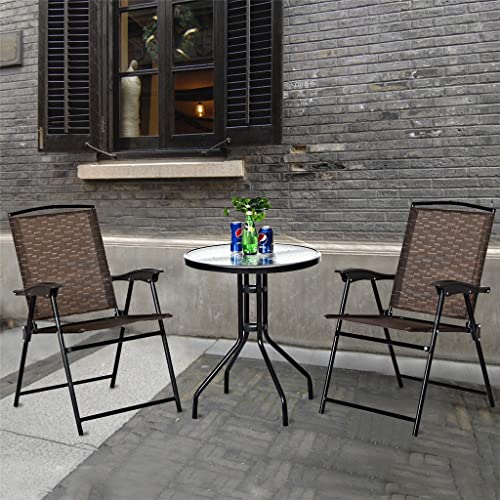 TKFDC 3PC Bistro Patio Garden Furniture Set 2 Folding Chairs Glass Table Top Steel Round Table