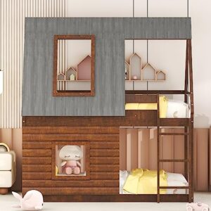 harper & bright designs house bunk bed for kids, low bunk bed twin over twin, wood floor bunk beds with roof,2 windows and ladder for girls boys, oak & smoky