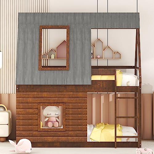 Harper & Bright Designs House Bunk Bed for Kids, Low Bunk Bed Twin Over Twin, Wood Floor Bunk Beds with Roof,2 Windows and Ladder for Girls Boys, Oak & Smoky