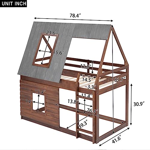 Harper & Bright Designs House Bunk Bed for Kids, Low Bunk Bed Twin Over Twin, Wood Floor Bunk Beds with Roof,2 Windows and Ladder for Girls Boys, Oak & Smoky