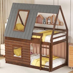 Harper & Bright Designs House Bunk Bed for Kids, Low Bunk Bed Twin Over Twin, Wood Floor Bunk Beds with Roof,2 Windows and Ladder for Girls Boys, Oak & Smoky