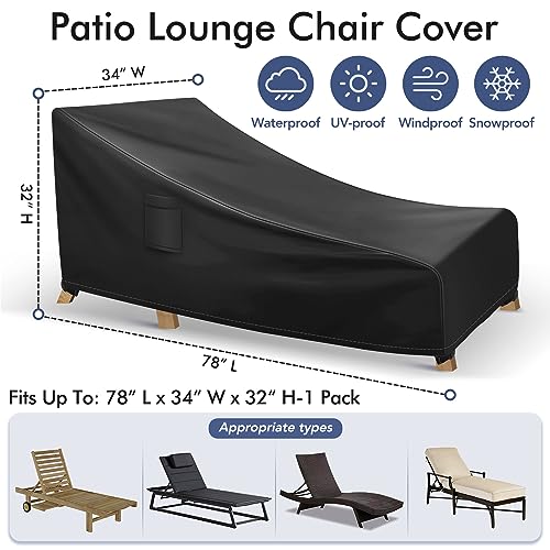 Richwon Chaise Lounge Covers Outdoor Waterproof, Heavy Duty Patio Furniture Covers, Outdoor Furniture Covers Pool Lounge Chair Cover Fits up to 78L x 34W x 32H inches, 2 Pack, Black