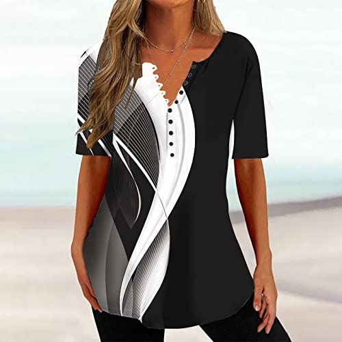 Pink Shirts for Women Sexy Womens Button Up V-Neck Tunic Hide Belly Shirts Short Sleeve Tops Graphic Funny T Shirts Elastic Leisure Shirts Blouse Black 4XL