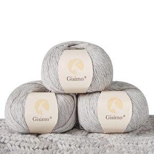 gisimo 100% inner mongolian cashmere yarn, 6-ply luxurious and soft yarn for hand knitting & crocheting (light gray, 3 balls)