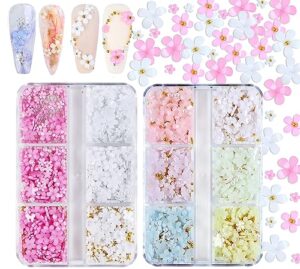 flymind 3d flower nail charms, 2 boxes light change acrylic resin flowers nail design metal caviar beads for manicure diy decoration with 2 pickup pencils for women girls