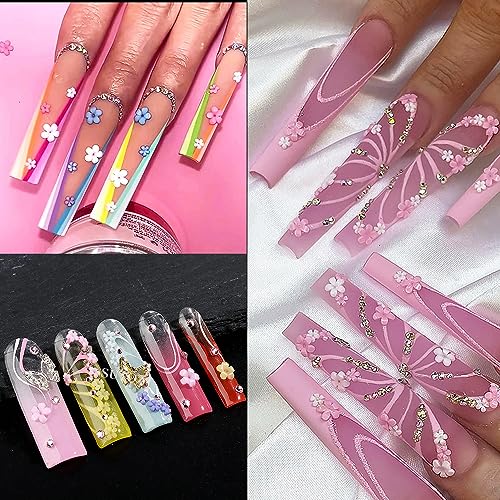 Flymind 3D Flower Nail Charms, 2 Boxes Light Change Acrylic Resin Flowers Nail Design Metal Caviar Beads for Manicure DIY Decoration with 2 Pickup Pencils for Women Girls