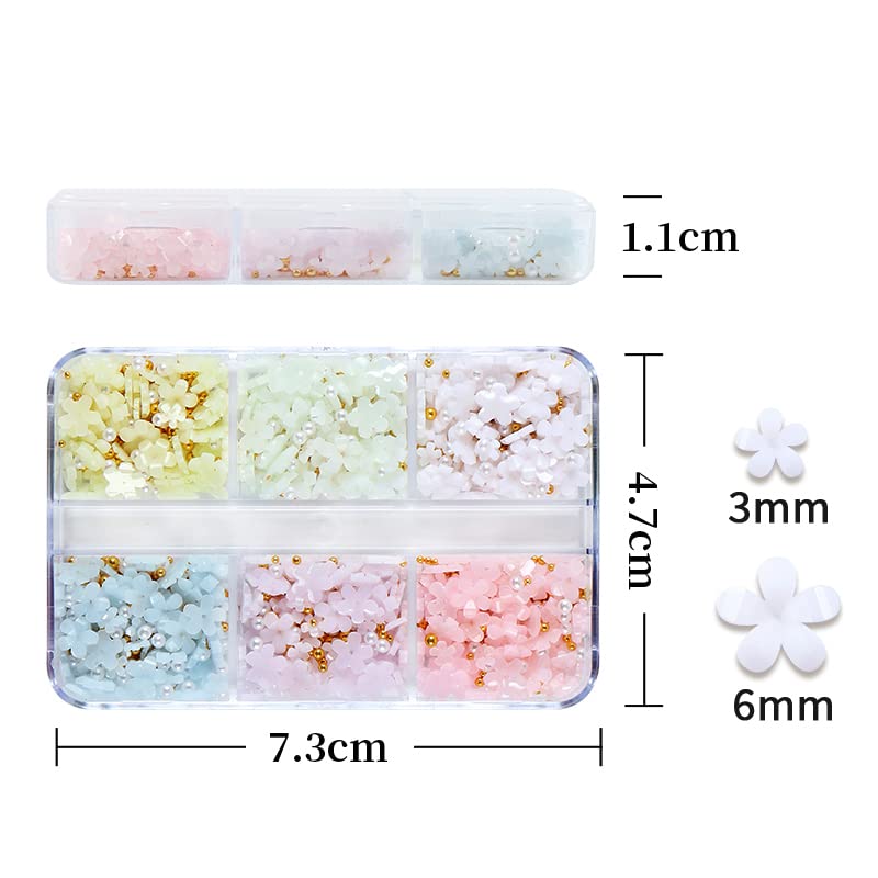 Flymind 3D Flower Nail Charms, 2 Boxes Light Change Acrylic Resin Flowers Nail Design Metal Caviar Beads for Manicure DIY Decoration with 2 Pickup Pencils for Women Girls