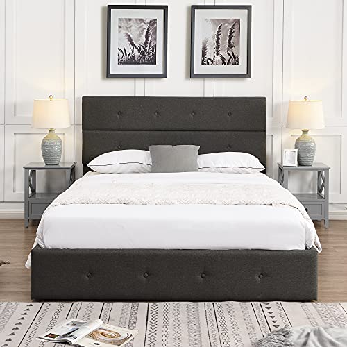 OPTOUGH Queen Size Upholstered Platform Bed with Gas Lift Up Underneath Storage, Metal Queen Bed Frame with Headboard,Gray