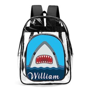 ecautly personalized shark clear backpack for boys, custom clear backpack for school with name, pvc see through transparent for boys school waterproof backpack, back to school gifts for boys kids