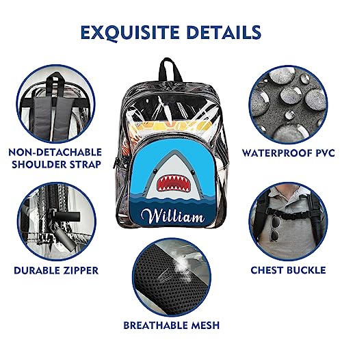 Ecautly Personalized Shark Clear Backpack for Boys, Custom Clear Backpack for School with Name, PVC See Through Transparent for Boys School Waterproof Backpack, Back to School Gifts for Boys Kids