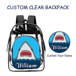 Ecautly Personalized Shark Clear Backpack for Boys, Custom Clear Backpack for School with Name, PVC See Through Transparent for Boys School Waterproof Backpack, Back to School Gifts for Boys Kids