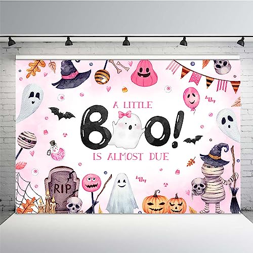 MEHOFOND 7x5ft Halloween Baby Shower Backdrop for Girl a Little Boo is Almost Due Pink Pumpkin Ghost Bat Photography Background Party Supplies Banner Decorations Photo Booth Studio Props