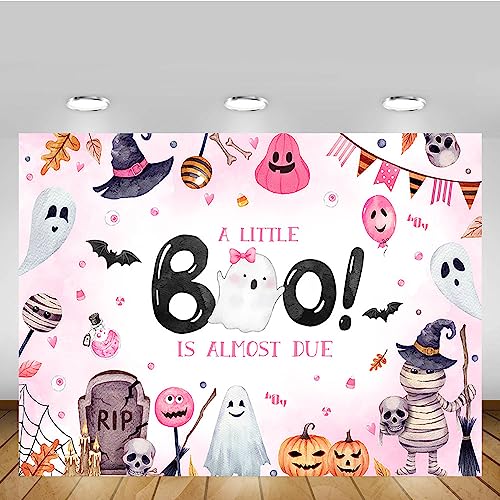 MEHOFOND 7x5ft Halloween Baby Shower Backdrop for Girl a Little Boo is Almost Due Pink Pumpkin Ghost Bat Photography Background Party Supplies Banner Decorations Photo Booth Studio Props