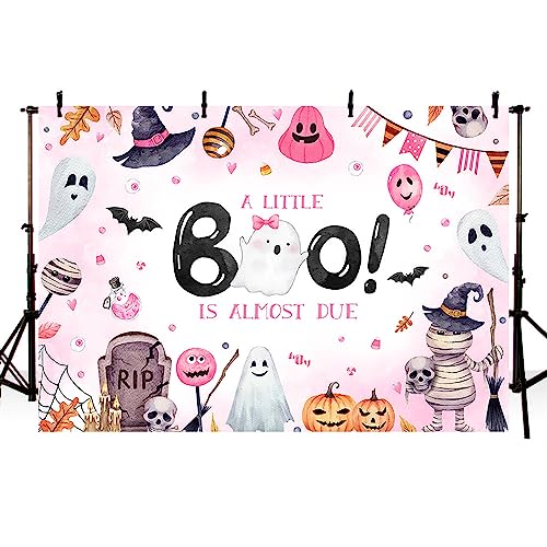 MEHOFOND 7x5ft Halloween Baby Shower Backdrop for Girl a Little Boo is Almost Due Pink Pumpkin Ghost Bat Photography Background Party Supplies Banner Decorations Photo Booth Studio Props