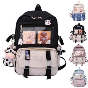 lelebear kawaii backpack, cute bookbags with kawaii pin and accessories (black white)