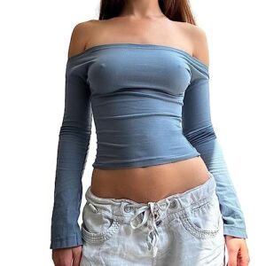 women y2k off shoulder tee top long sleeve slim fit crop top low cut backless stretchy t-shirts streetwear
