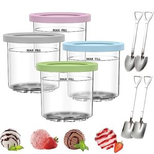bbauer ice cream pints containers 4 pack for ninja creami pints and lids,16oz cup compatible with nc301 nc300 nc299amz series ice cream maker,reusable,4 pc ice cream spoons,pink/green/grey/blue