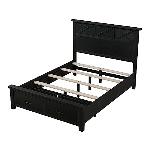 SOFTSEA Queen Size Modern Bed Frame with Drawers Queen Size Platform Bed Frame with High Headboard