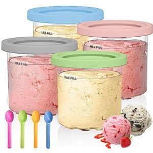 bbauer ice cream containers 4 pack for ninja creami pint containers,16oz cup compatible with nc301 nc300 nc299amz series ice cream maker,with 4 pc spoons,leak proof,pink/green/grey/blue