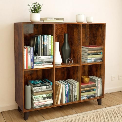 Youmechi 6 Cube Bookshelf,Midcentury Modern Horizontal Long Bookcase with Wood Legs,Vintage 2-Tier Storage Shelf Organizer,Rustic Brown Freestanding Open Book Shelves for Bedroom Living Room Office