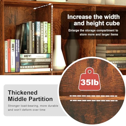 Youmechi 6 Cube Bookshelf,Midcentury Modern Horizontal Long Bookcase with Wood Legs,Vintage 2-Tier Storage Shelf Organizer,Rustic Brown Freestanding Open Book Shelves for Bedroom Living Room Office