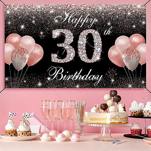 HTDZZI 30th Birthday Banner Backdrop Rose Gold, Happy 30th Birthday Decorations for Women, Fabulous 30 Years Birthday Party Yard Sign Photo Booth Props Decorations Supplies, Fabric