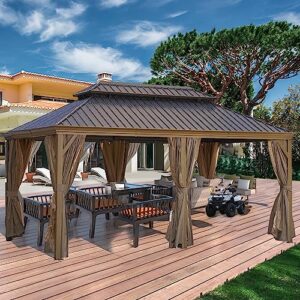12' x 20' hardtop gazebo galvanized steel double roof canopy permanent outdoor aluminum frame pergola with netting and curtains for garden backyard patios, lawns, and parties wood looking