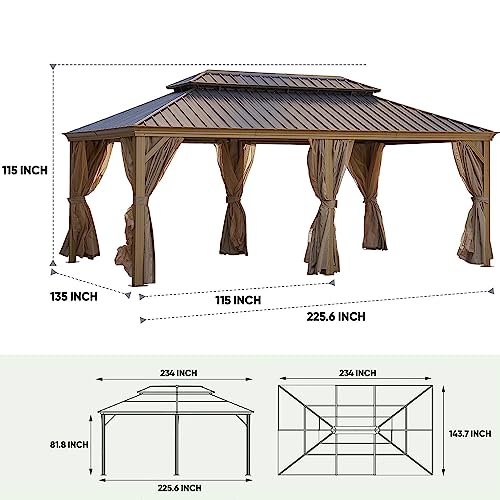 12' x 20' Hardtop Gazebo Galvanized Steel Double Roof Canopy Permanent Outdoor Aluminum Frame Pergola with Netting and Curtains for Garden Backyard Patios, Lawns, and Parties Wood Looking