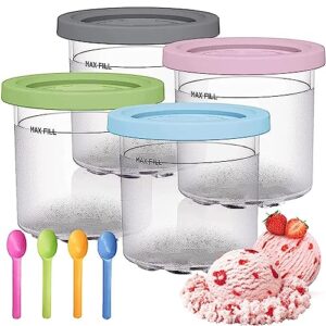 bbauer ice cream containers 4 pack for ninja creami pints and lids,compatible with nc301 nc300 nc299amz series ice cream maker,16oz cup,with 4 pc spoons,dishwasher safe,pink/green/grey/blue