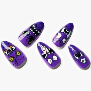 glamermaid press on nails medium for halloween, glitter dark purple gothic monster glue on gel nails, 24pcs shotrt almond reusable glossy fake nails acrylic false nails manicure kits for women gift