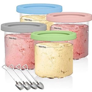 BBAUER Ice Cream Pints Containers 4 Pack for Ninja Creami Pint Containers,Compatible with NC301 NC300 NC299AMZ Series Ice Cream Maker,16oz Cup,with 4 PC Spoons,Gray/Blue/Pink/Green Lids