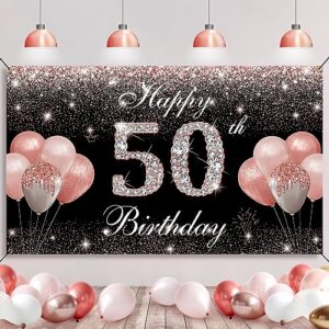 htdzzi 50th birthday banner backdrop, happy 50th birthday decorations for women rose gold, fabulous 50 year old birthday party yard sign photo booth props background decor supplies, fabric