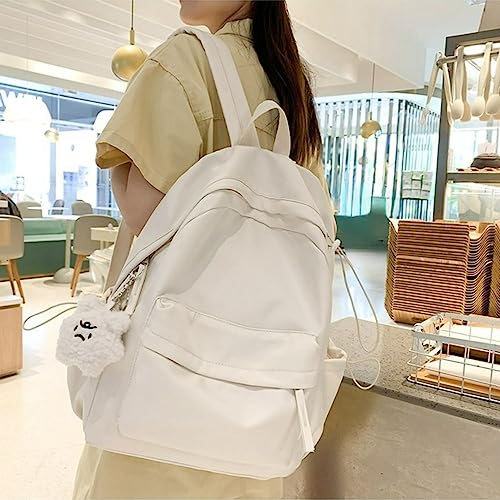 MadGrandeur Aesthetic Backpacks for Girls Kawaii Backpack School Backpack Cute Bookbag Plain Preppy Bag Casual (Beige)