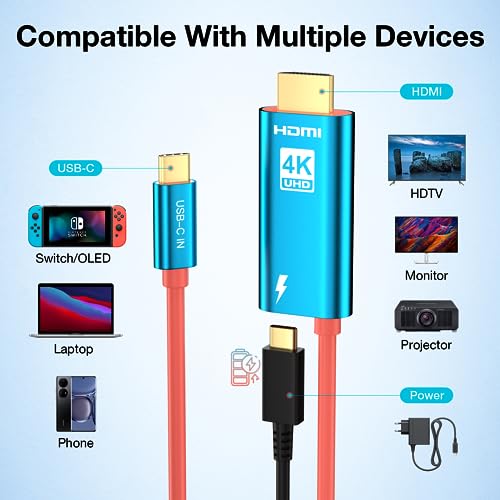 QCEs USB C to HDMI Cable Compatible with Nintendo Switch/OLED, Portable Dock 4K HDMI Adapter Cord 6.6Ft to TV with USB-C Charging Port Replacement for Nintendo Switch Dock, Steam Deck