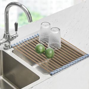 seropy roll up dish drying rack over the sink drying rack for kitchen counter, rolling dish rack over sink mat, foldable dish drainer stainless steel sink rack kitchen organization gold 17.5"x11.8"