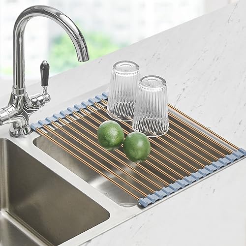 Seropy Roll Up Dish Drying Rack Over The Sink Drying Rack for Kitchen Counter, Rolling Dish Rack Over Sink Mat, Foldable Dish Drainer Stainless Steel Sink Rack Kitchen Organization Gold 17.5"x11.8"