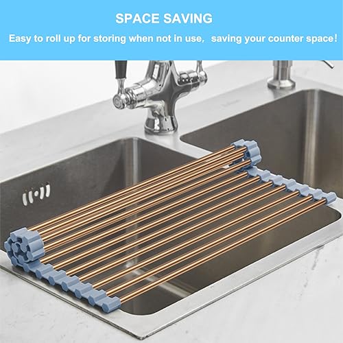 Seropy Roll Up Dish Drying Rack Over The Sink Drying Rack for Kitchen Counter, Rolling Dish Rack Over Sink Mat, Foldable Dish Drainer Stainless Steel Sink Rack Kitchen Organization Gold 17.5"x11.8"