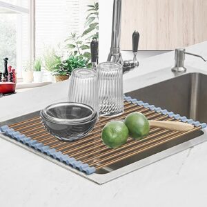 Seropy Roll Up Dish Drying Rack Over The Sink Drying Rack for Kitchen Counter, Rolling Dish Rack Over Sink Mat, Foldable Dish Drainer Stainless Steel Sink Rack Kitchen Organization Gold 17.5"x11.8"