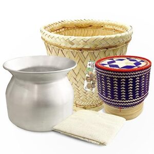 panwa combo sticky rice cooking set aluminum cook pot diameter 8 1/2" (22 cm) thai bamboo“village vintage” steamer basket 9 inch diameter with 24’’ cheesecloth, and kratip container lilac toned